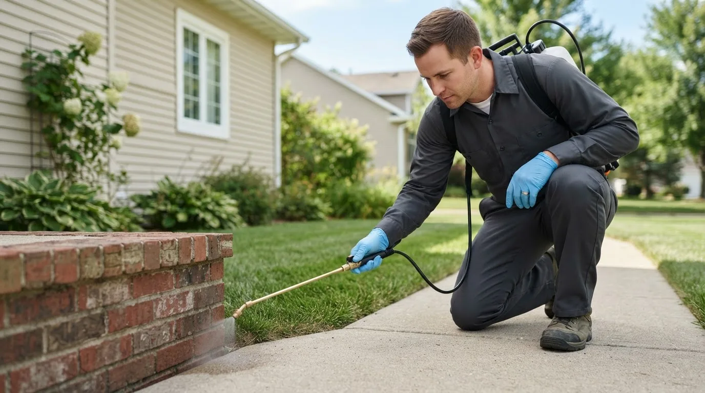 Pest control technician treating a home near Keswick, VA